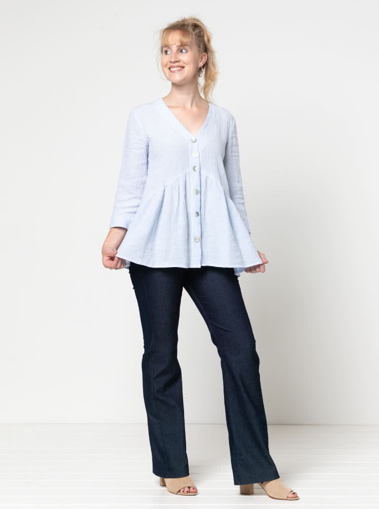 Jules Woven Tunic By Style Arc - Button through "V" neck tunic featuring a shaped under bust seam and a 7/8th length sleeve.