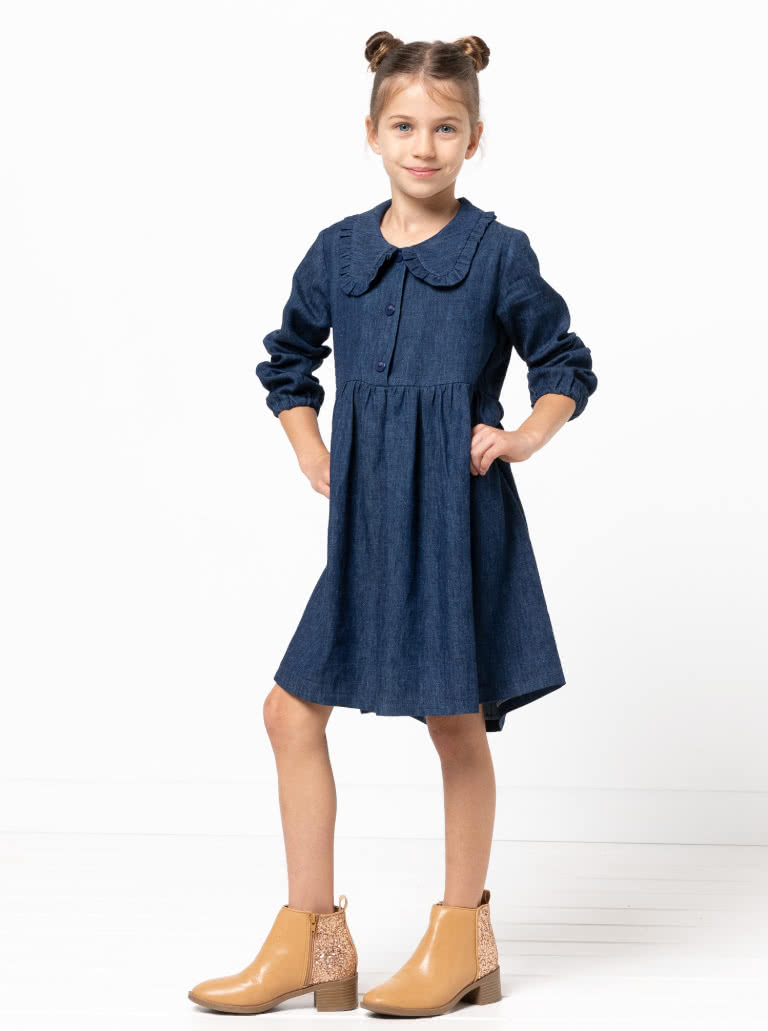 Kennie Kids Shirt and Dress By Style Arc - Easy fit shirt or dress featuring a button front, frilled collar, and long sleeves. Dress has a gathered skirt, for kids 02-08