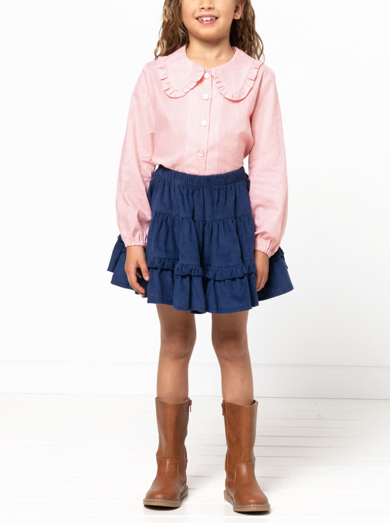 Kennie Kids Shirt and Dress By Style Arc - Easy fit shirt or dress featuring a button front, frilled collar, and long sleeves. Dress has a gathered skirt, for kids 02-08