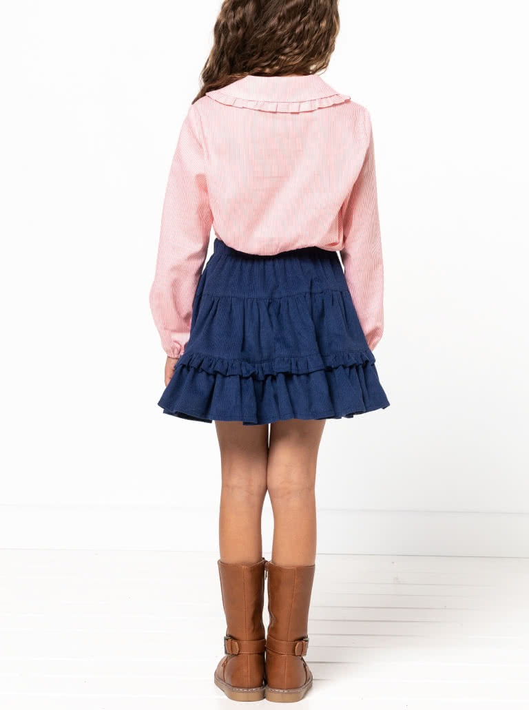 Kennie Kids Shirt and Dress By Style Arc - Easy fit shirt or dress featuring a button front, frilled collar, and long sleeves. Dress has a gathered skirt, for kids 02-08