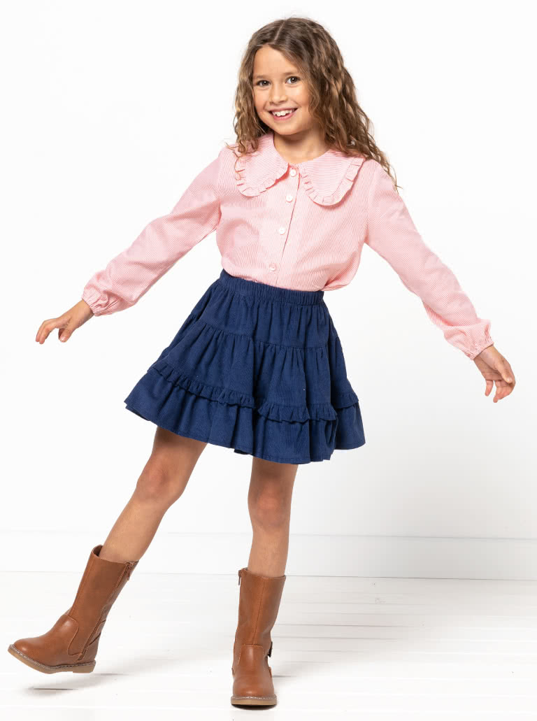 Kennie Kids Shirt and Dress By Style Arc - Easy fit shirt or dress featuring a button front, frilled collar, and long sleeves. Dress has a gathered skirt, for kids 02-08