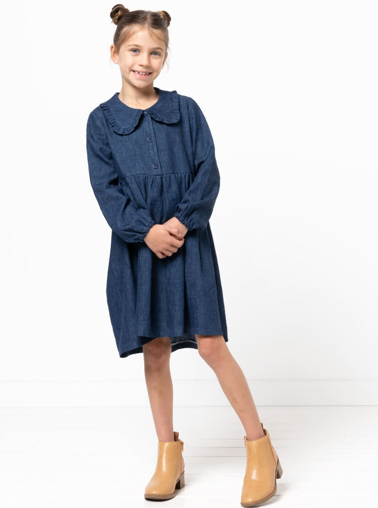 Kennie Kids Shirt and Dress By Style Arc - Easy fit shirt or dress featuring a button front, frilled collar, and long sleeves. Dress has a gathered skirt, for kids 02-08