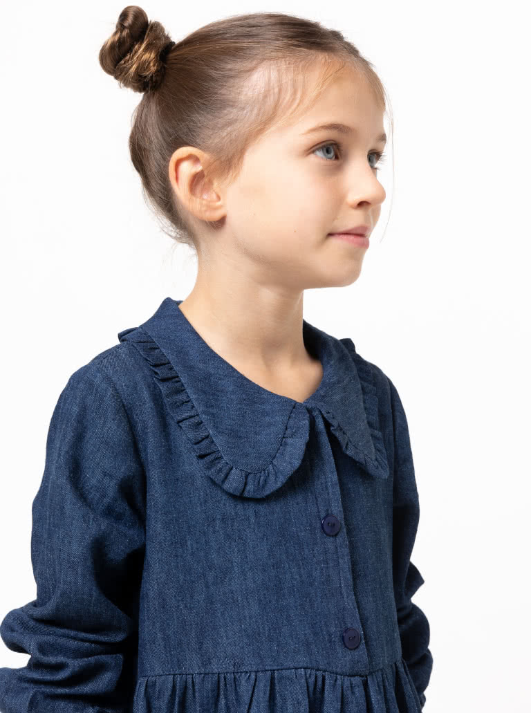 Kennie Kids Shirt and Dress By Style Arc - Easy fit shirt or dress featuring a button front, frilled collar, and long sleeves. Dress has a gathered skirt, for kids 02-08