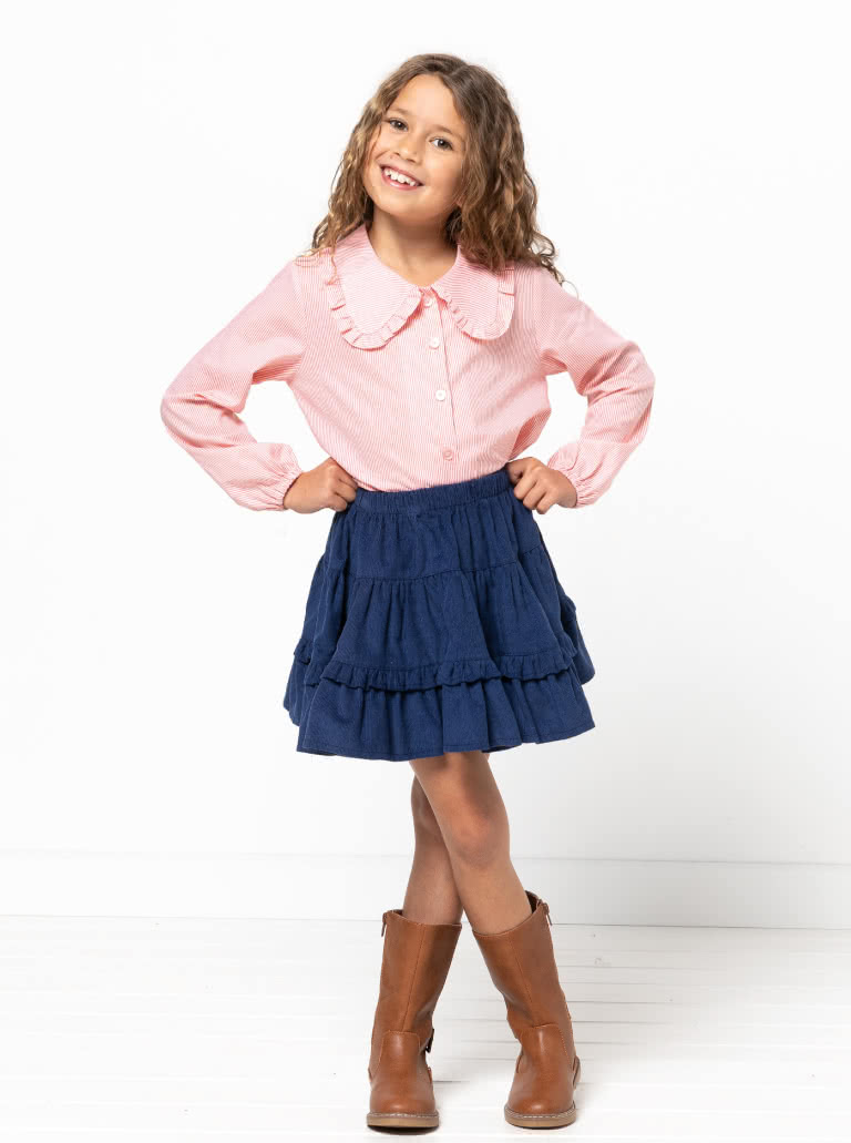 Kennie Kids Shirt and Dress By Style Arc - Easy fit shirt or dress featuring a button front, frilled collar, and long sleeves. Dress has a gathered skirt, for kids 02-08