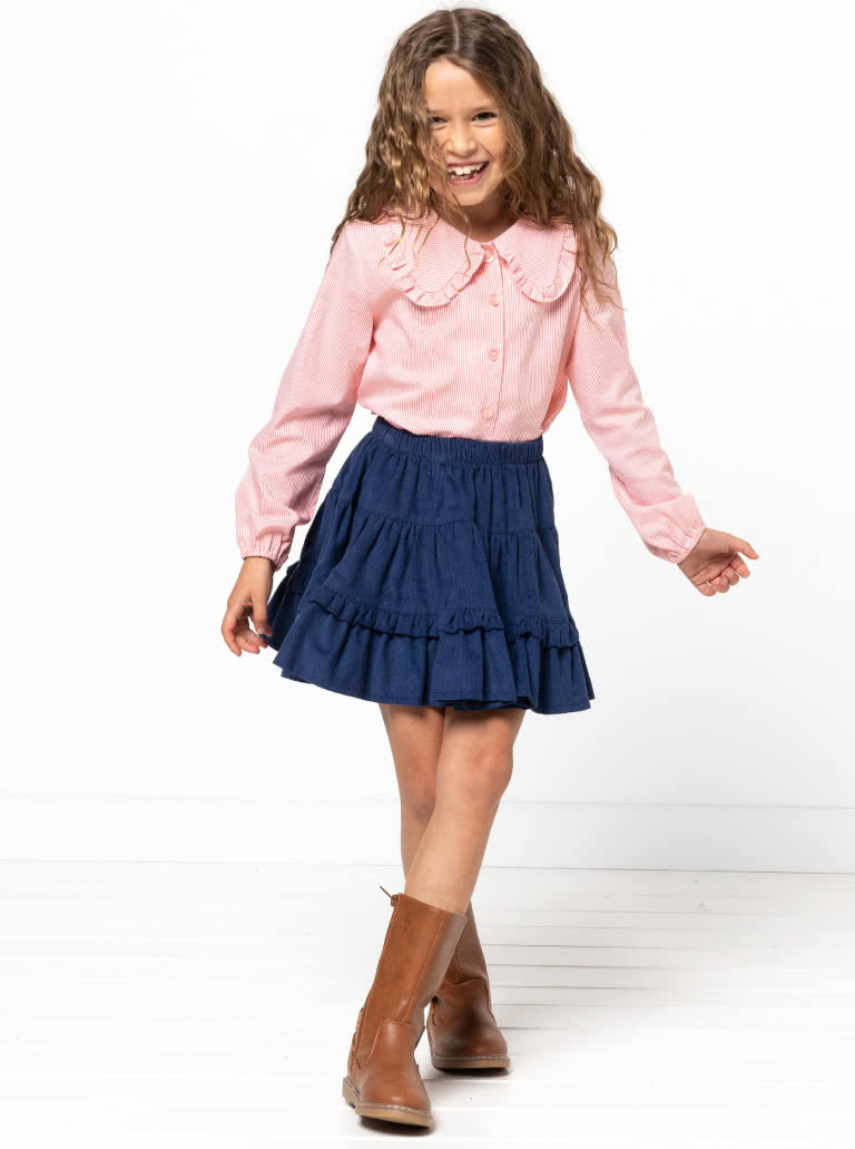 Kennie Kids Shirt and Dress By Style Arc - Easy fit shirt or dress featuring a button front, frilled collar, and long sleeves. Dress has a gathered skirt, for kids 02-08