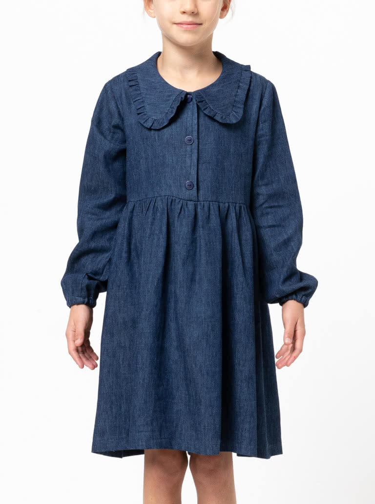 Kennie Kids Shirt and Dress By Style Arc - Easy fit shirt or dress featuring a button front, frilled collar, and long sleeves. Dress has a gathered skirt, for kids 02-08