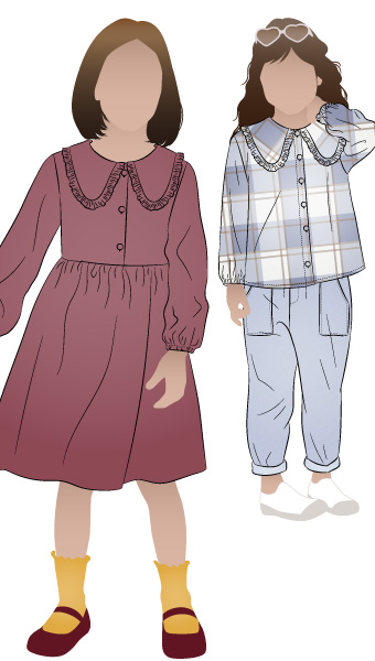 Kennie Kids Shirt and Dress By Style Arc - Easy fit shirt or dress featuring a button front, frilled collar, and long sleeves. Dress has a gathered skirt, for kids 02-14 (Layered)