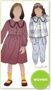 Kennie Kids Shirt and Dress By Style Arc - Easy fit shirt or dress featuring a button front, frilled collar, and long sleeves. Dress has a gathered skirt, for kids 02-08