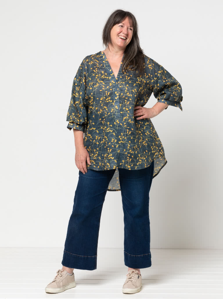 Kent Woven Tunic By Style Arc - Tunic featuring a tab front, shaped stand collar and a fashionable elbow length sleeve.