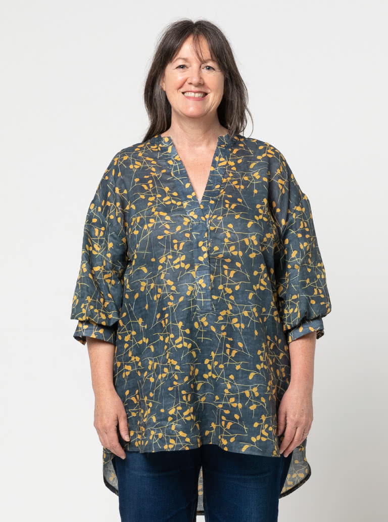 Kent Woven Tunic By Style Arc - Tunic featuring a tab front, shaped stand collar and a fashionable elbow length sleeve.