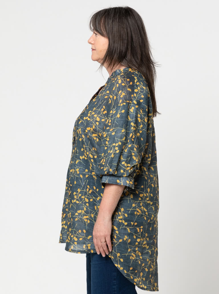 Kent Woven Tunic By Style Arc - Tunic featuring a tab front, shaped stand collar and a fashionable elbow length sleeve.