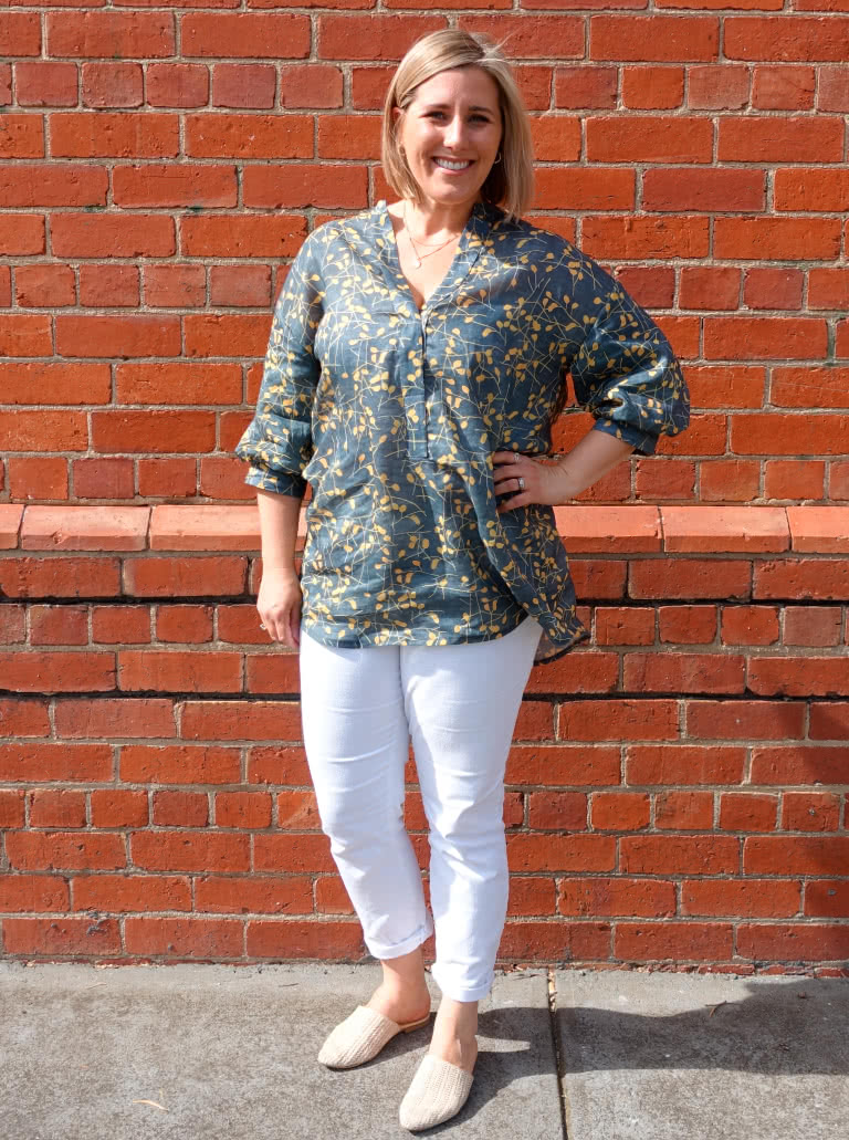 Kent Woven Tunic By Style Arc - Tunic featuring a tab front, shaped stand collar and a fashionable elbow length sleeve.