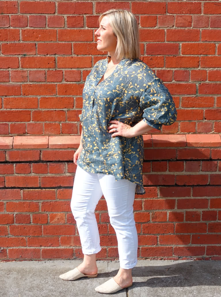 Kent Woven Tunic By Style Arc - Tunic featuring a tab front, shaped stand collar and a fashionable elbow length sleeve.