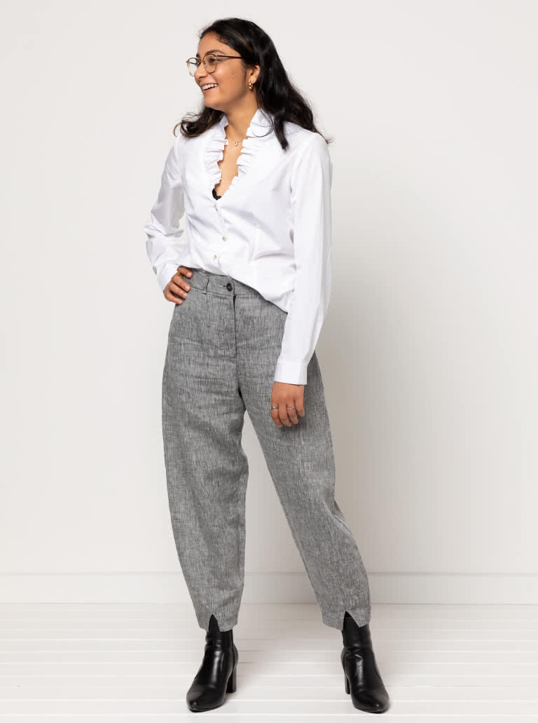 Kew Woven Pant By Style Arc - Waisted, fly front pant with a shaped leg, interesting hem and angled pockets.