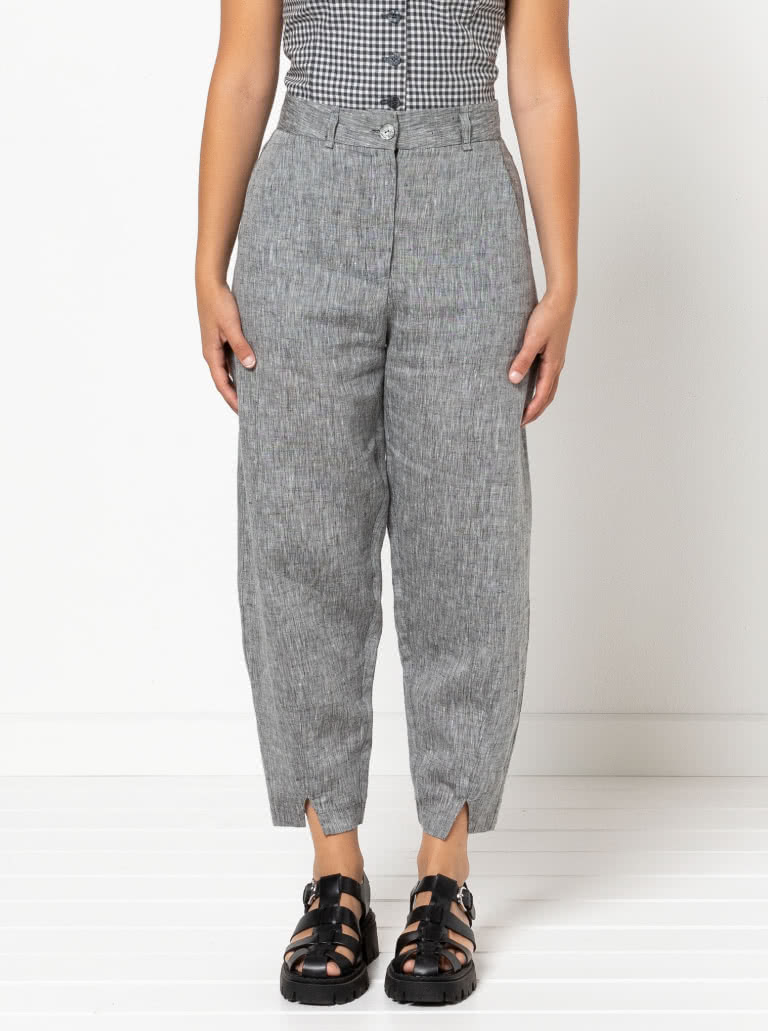 Kew Woven Pant By Style Arc - Waisted, fly front pant with a shaped leg, interesting hem and angled pockets.