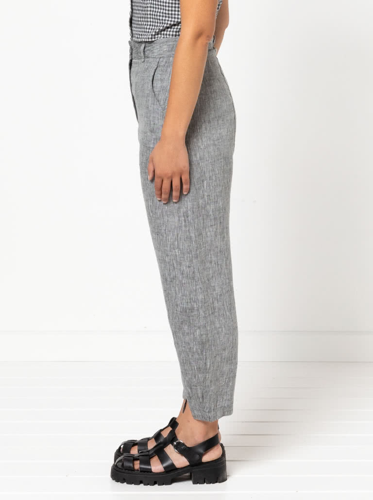 Kew Woven Pant By Style Arc - Waisted, fly front pant with a shaped leg, interesting hem and angled pockets.