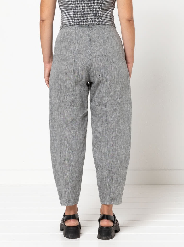 Kew Woven Pant By Style Arc - Waisted, fly front pant with a shaped leg, interesting hem and angled pockets.