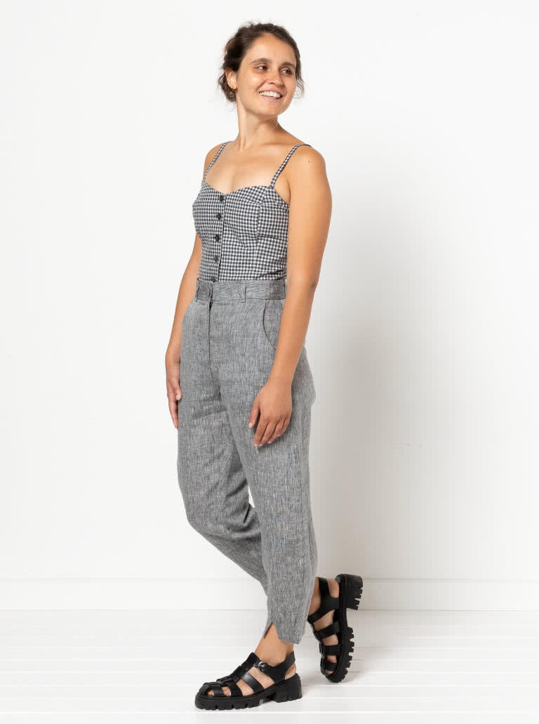 Kew Woven Pant By Style Arc - Waisted, fly front pant with a shaped leg, interesting hem and angled pockets.