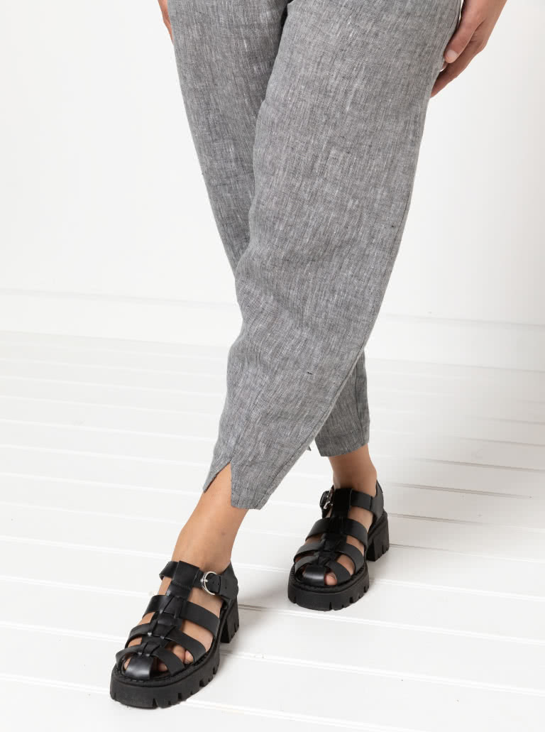 Kew Woven Pant By Style Arc - Waisted, fly front pant with a shaped leg, interesting hem and angled pockets.