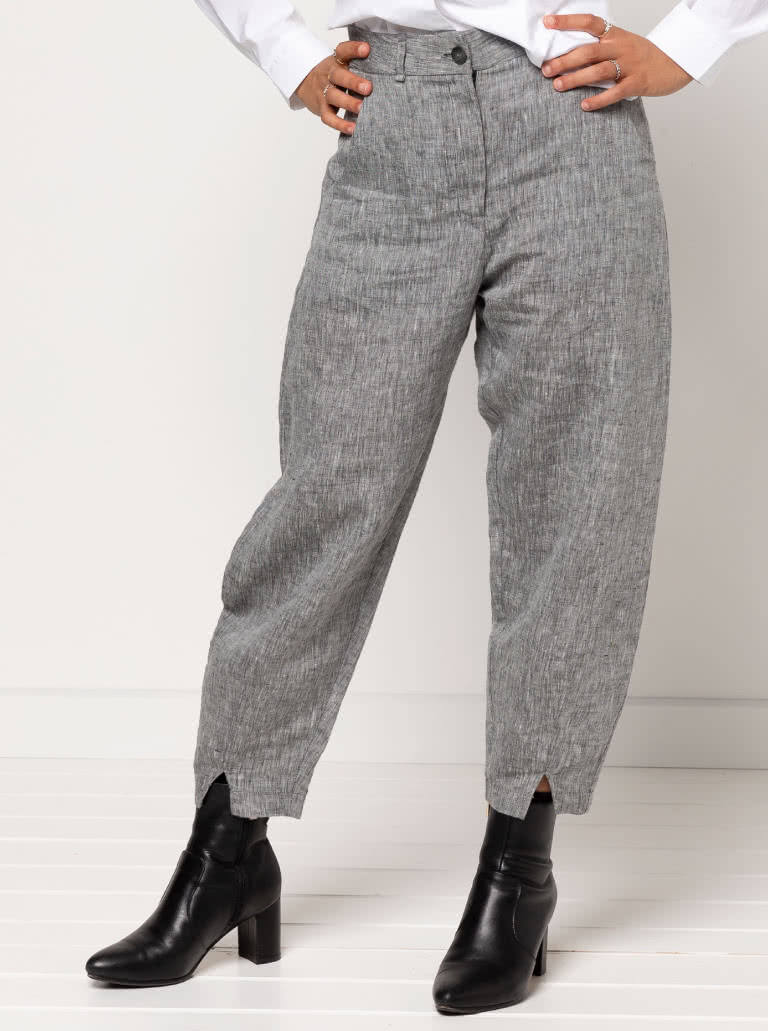 Kew Woven Pant By Style Arc - Waisted, fly front pant with a shaped leg, interesting hem and angled pockets.