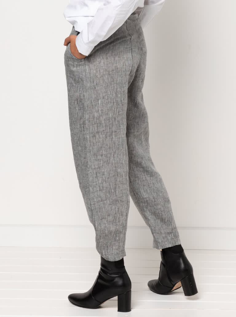 Kew Woven Pant By Style Arc - Waisted, fly front pant with a shaped leg, interesting hem and angled pockets.