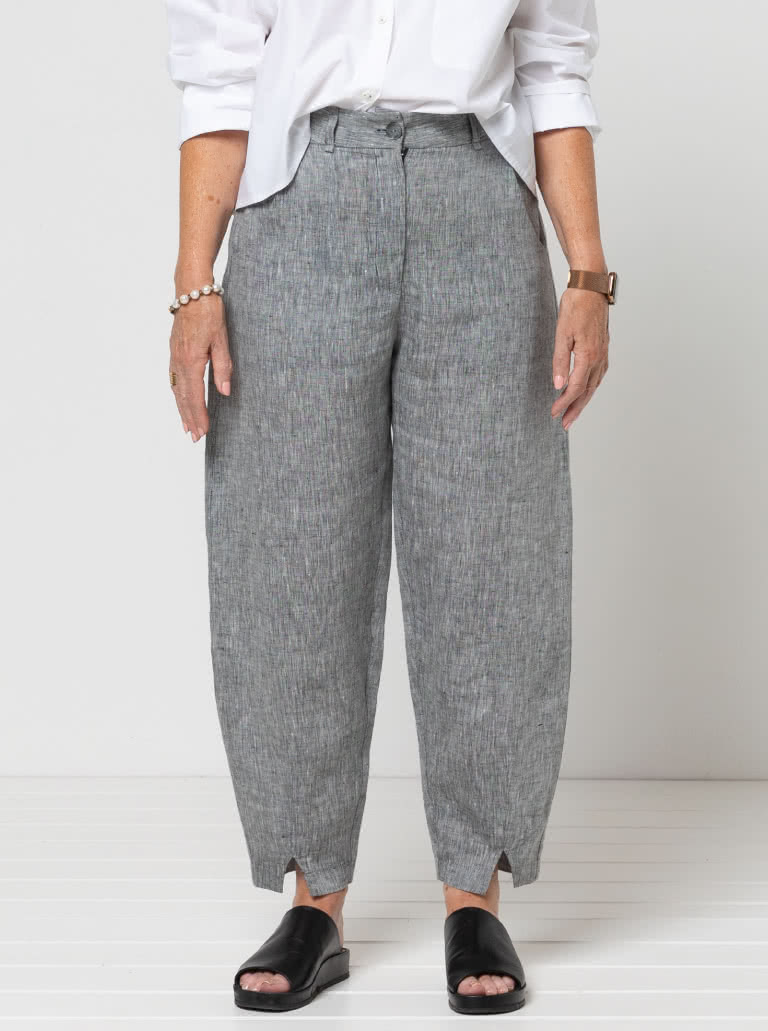 Kew Woven Pant By Style Arc - Waisted, fly front pant with a shaped leg, interesting hem and angled pockets.