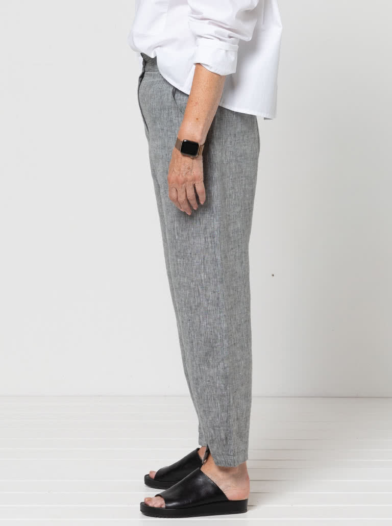 Kew Woven Pant By Style Arc - Waisted, fly front pant with a shaped leg, interesting hem and angled pockets.