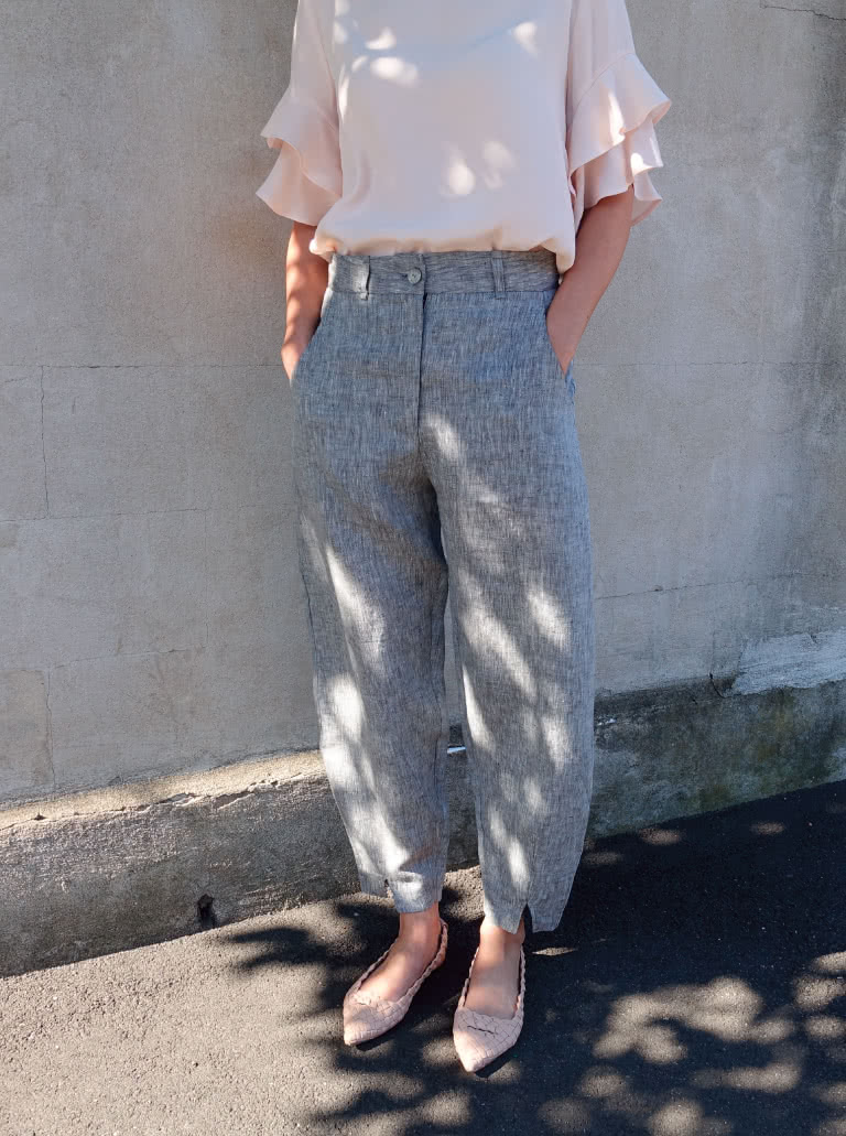 Kew Woven Pant By Style Arc - Waisted, fly front pant with a shaped leg, interesting hem and angled pockets.