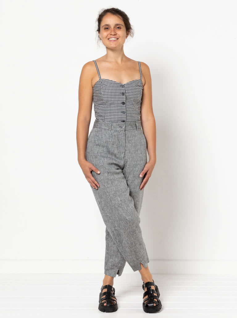 Kew Woven Pant By Style Arc - Waisted, fly front pant with a shaped leg, interesting hem and angled pockets.