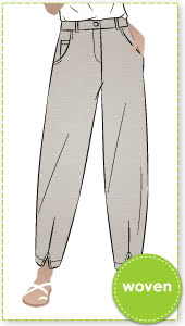 Kew Woven Pant By Style Arc - Waisted, fly front pant with a shaped leg, interesting hem and angled pockets.