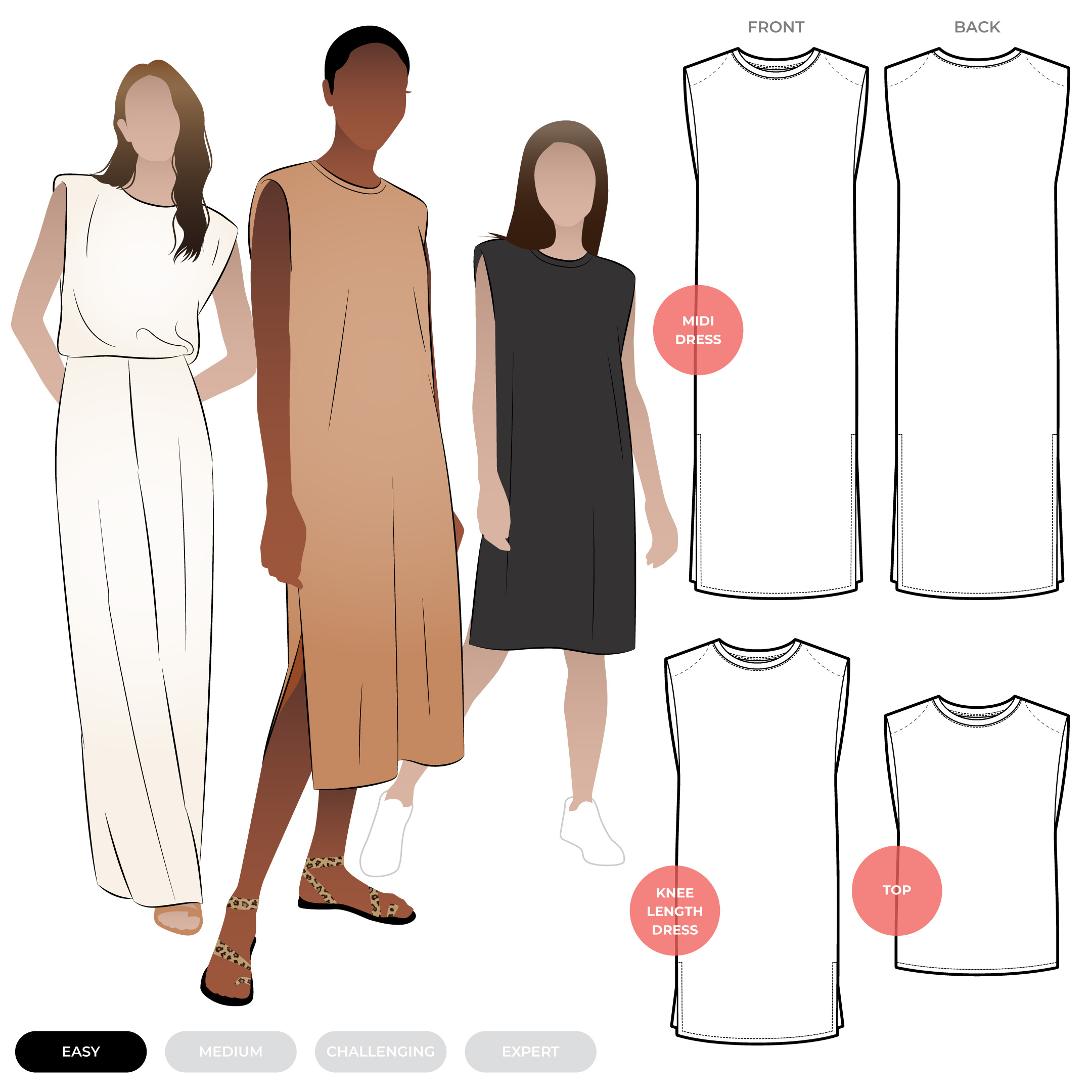 Kirby Dress and Top Kirby Dress and Top by Style Arc - Square shouldered tank dress or top with shoulder pads and a crew neck