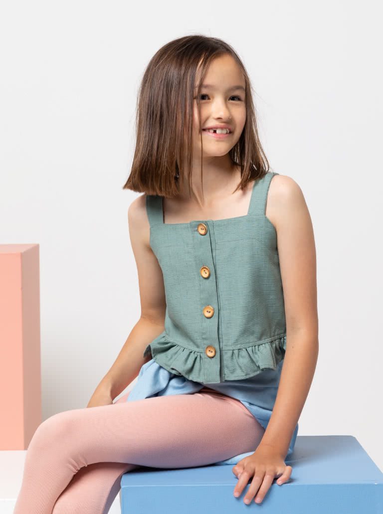 Kit Kids Tank Top By Style Arc - Button through top with frilled hem and shoulder strap for kids 2-8