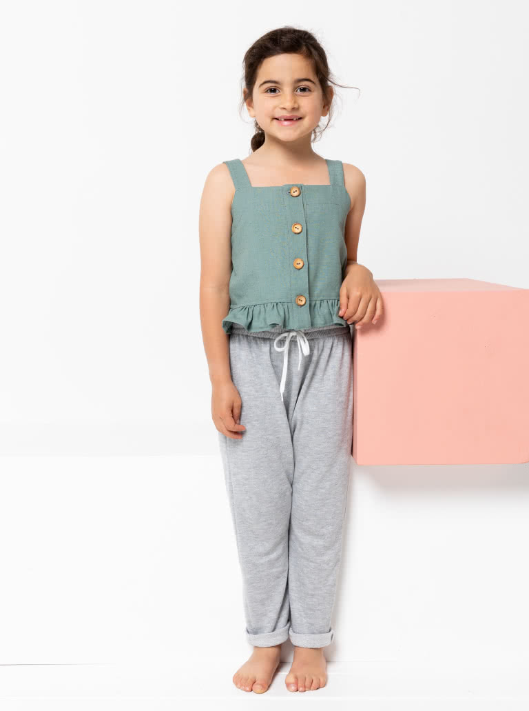 Kit Kids Tank Top By Style Arc - Button through top with frilled hem and shoulder strap for kids 2-8