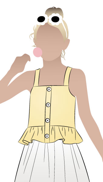 Kit Kids Tank Top By Style Arc - Button through top with frilled hem and shoulder strap for kids 2-8 Sewing Tutorial Click here for a step by step tutorial for the Kit Kids Tank Top