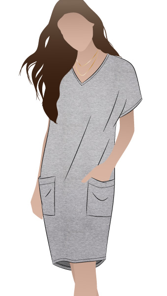 Kitt Knit Dress By Style Arc - Slip on "V" neck dress with an extended shoulder line and patch pockets