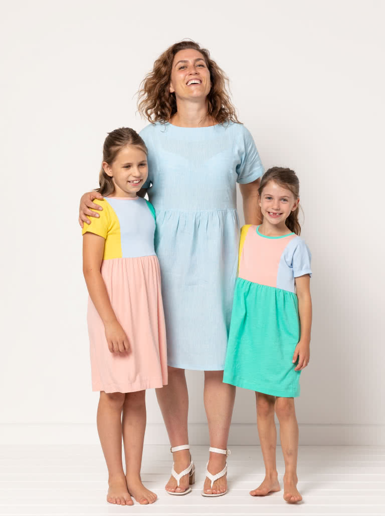 Lacey Kids Dress By Style Arc - Easy slip on dress with an extended shoulder, square line bodice and slightly gathered skirt.