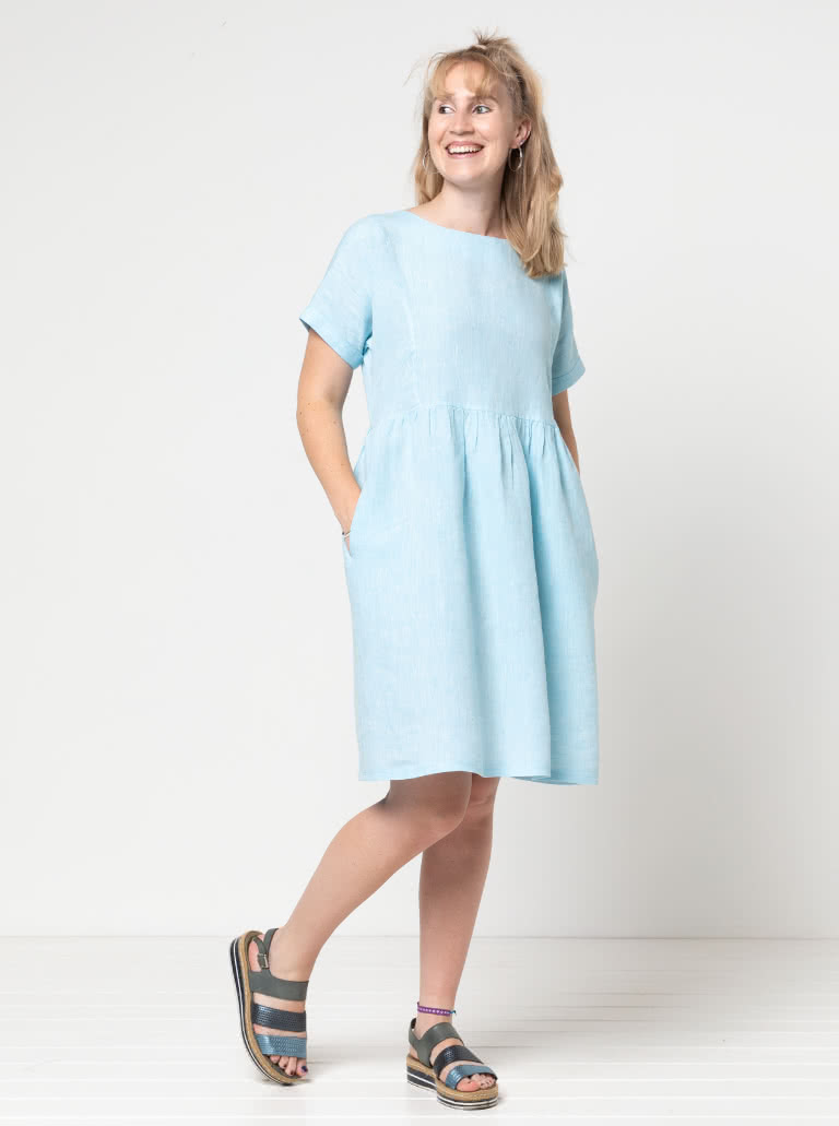 Lacey Dress Sewing Pattern By Style Arc - Easy slip-on dress with an extended shoulder, square line bodice and slightly gathered skirt.
