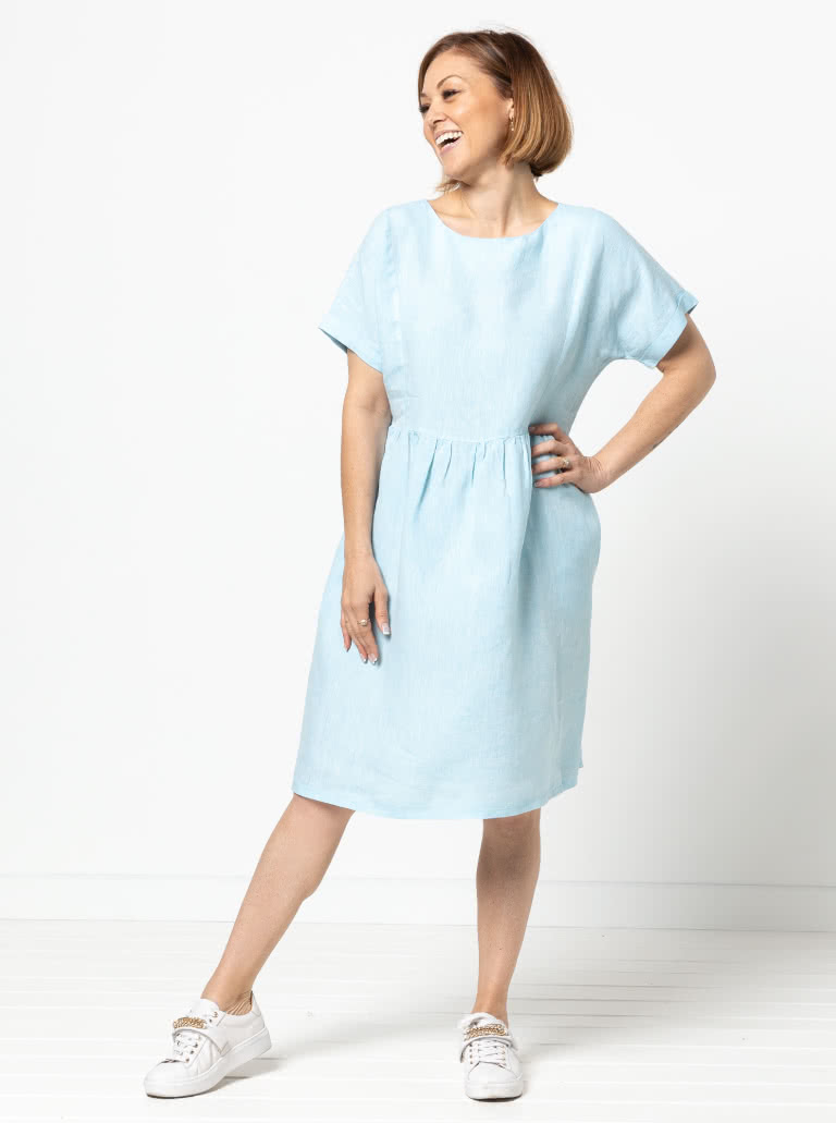 Lacey Dress Sewing Pattern By Style Arc - Easy slip-on dress with an extended shoulder, square line bodice and slightly gathered skirt.