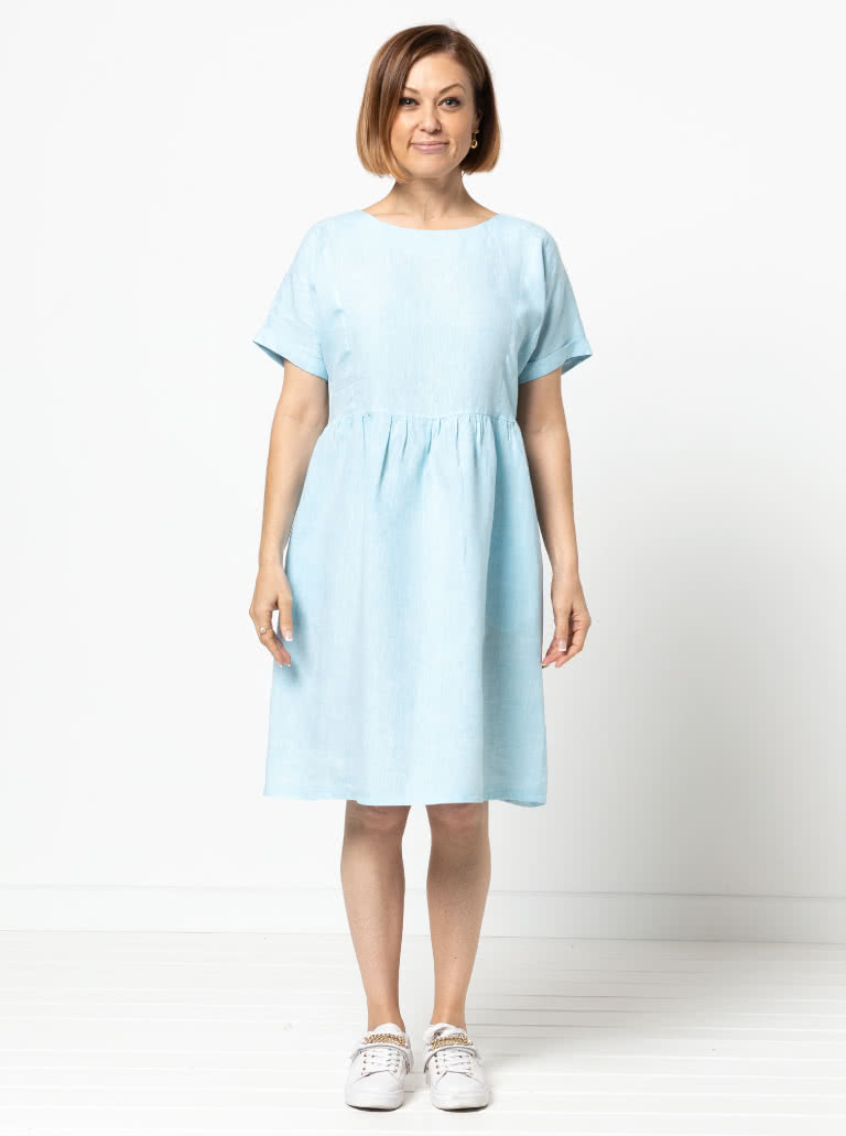 Lacey Dress Sewing Pattern By Style Arc - Easy slip-on dress with an extended shoulder, square line bodice and slightly gathered skirt.