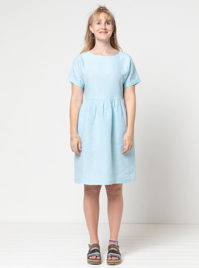 Lacey Dress Sewing Pattern By Style Arc - Easy slip-on dress with an extended shoulder, square line bodice and slightly gathered skirt.