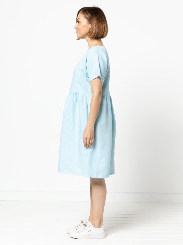 Lacey Dress Sewing Pattern By Style Arc - Easy slip-on dress with an extended shoulder, square line bodice and slightly gathered skirt.