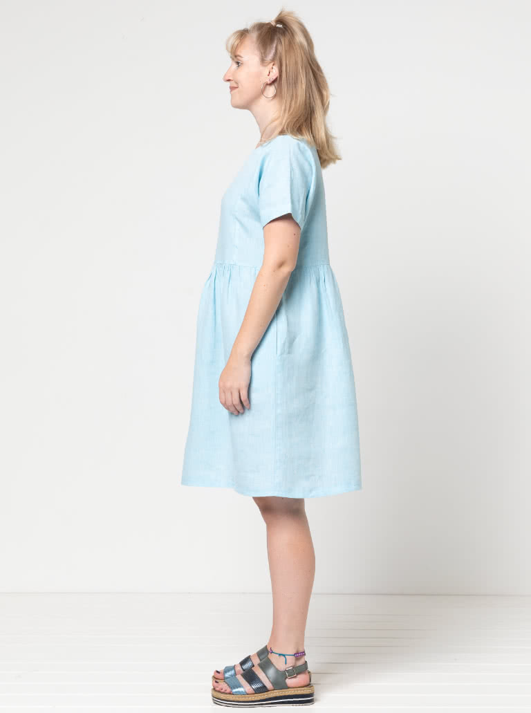 Lacey Dress Sewing Pattern By Style Arc - Easy slip-on dress with an extended shoulder, square line bodice and slightly gathered skirt.