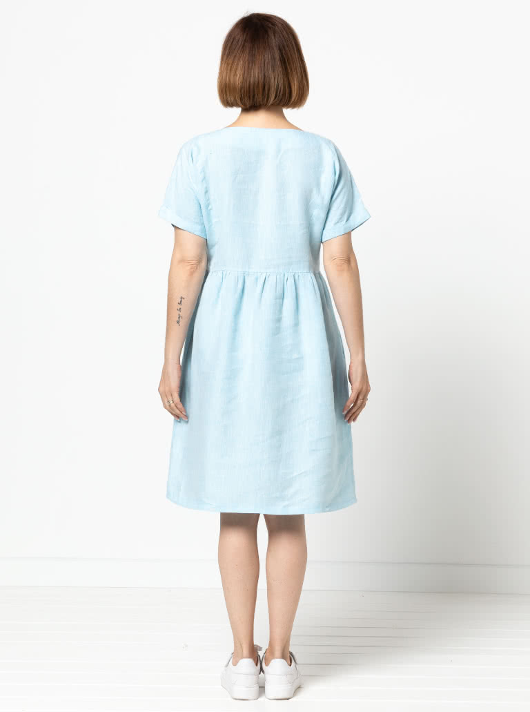 Lacey Dress Sewing Pattern By Style Arc - Easy slip-on dress with an extended shoulder, square line bodice and slightly gathered skirt.