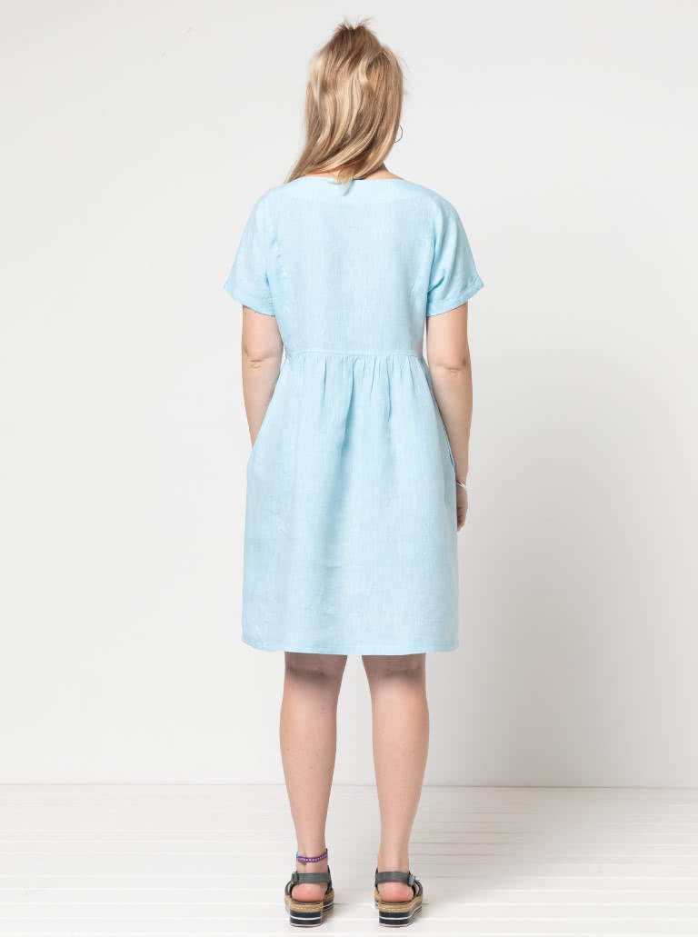 Lacey Dress Sewing Pattern By Style Arc - Easy slip-on dress with an extended shoulder, square line bodice and slightly gathered skirt.