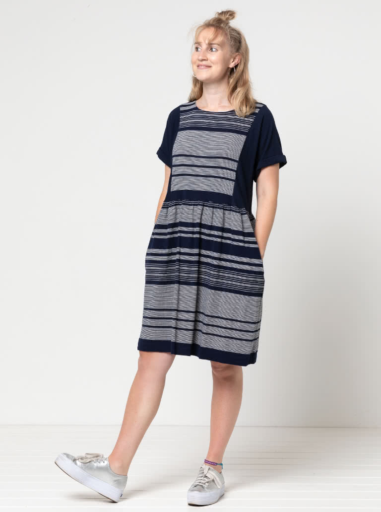 Lacey Dress Sewing Pattern By Style Arc - Easy slip-on dress with an extended shoulder, square line bodice and slightly gathered skirt.