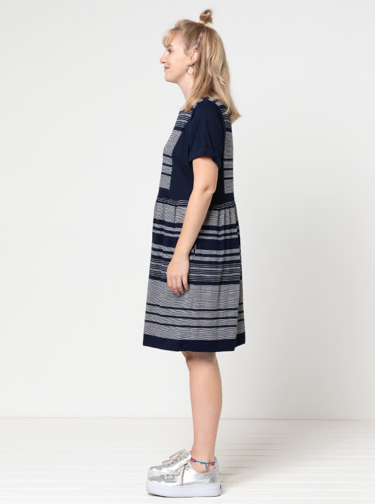 Lacey Dress Sewing Pattern By Style Arc - Easy slip-on dress with an extended shoulder, square line bodice and slightly gathered skirt.