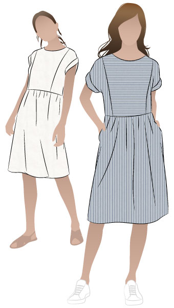 Lacey Dress By Style Arc - Easy slip-on dress with an extended shoulder, square line bodice and slightly gathered skirt.