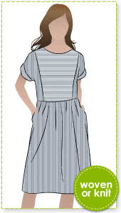Lacey Dress Sewing Pattern By Style Arc - Easy slip-on dress with an extended shoulder, square line bodice and slightly gathered skirt.
