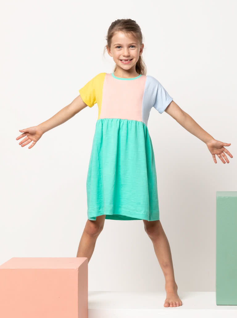 Lacey Kids Dress By Style Arc - Easy slip on dress with an extended shoulder, square line bodice and slightly gathered skirt.