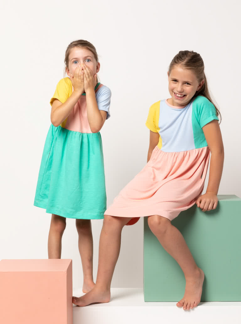 Lacey Kids Dress By Style Arc - Easy slip on dress with an extended shoulder, square line bodice and slightly gathered skirt.